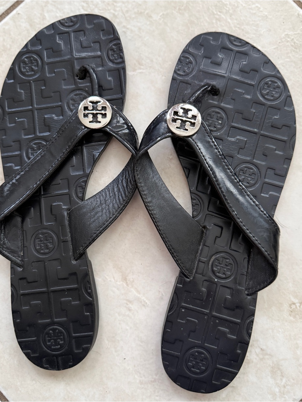 Tory Burch Black Leather Logo and plastic  Sandals for women .